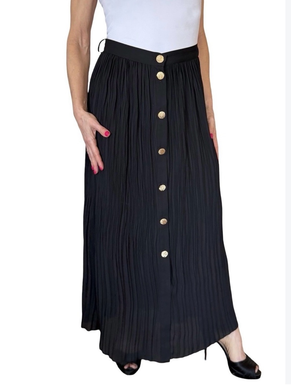 Zara Black pleated midi maxi front gold buttons